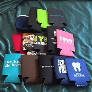 Set bundle of 14 koozies or cold beverage holders. All varied. Pink, blue etc